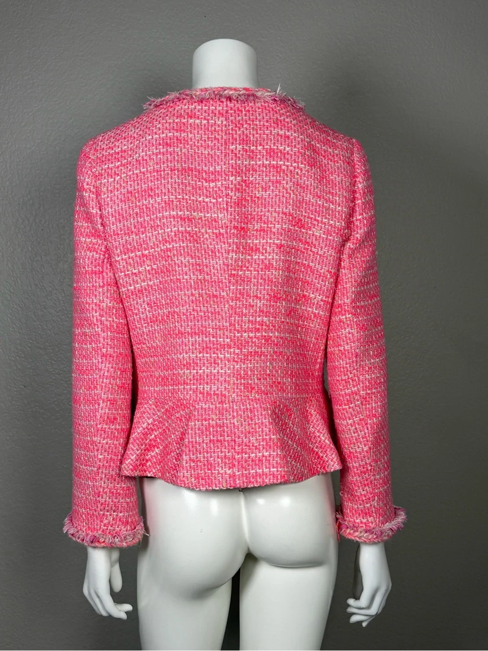 J.Crew Pink Tweed Lady Jacket Peplum Fringe Braided Trim Blazer Size 8